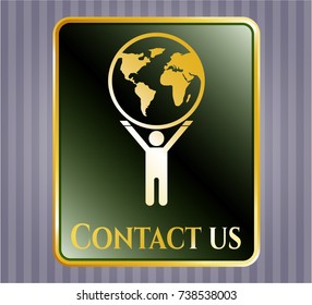  Shiny emblem with man lifting world icon and Contact us text inside