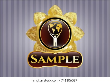  Shiny emblem with man lifting world icon and Sample text inside