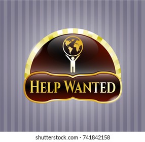  Shiny emblem with man lifting world icon and Help Wanted text inside