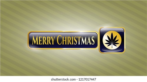  Shiny emblem with marijuana leaf icon and Merry Christmas text inside