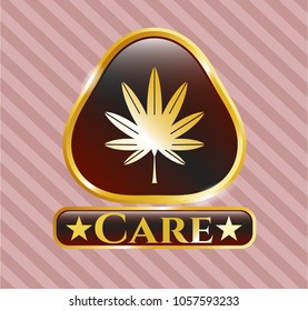  Shiny emblem with marijuana leaf, weed icon and Care text inside