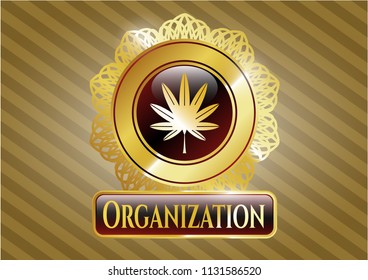  Shiny emblem with marijuana leaf, weed icon and Organization text inside