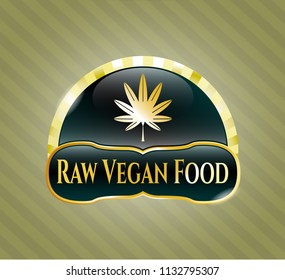  Shiny emblem with marijuana leaf, weed icon and Raw Vegan Food text inside