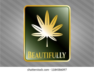  Shiny emblem with marijuana leaf, weed icon and Beautifully text inside