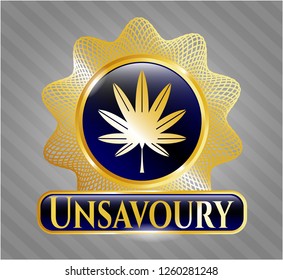  Shiny emblem with marijuana leaf, weed icon and Unsavoury text inside