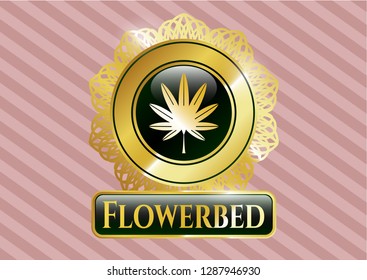  Shiny emblem with marijuana leaf, weed icon and Flowerbed text inside