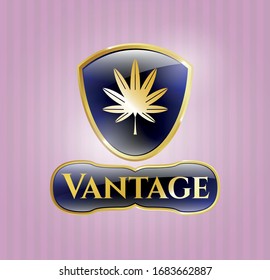  Símbolo brillante con hoja de marihuana, icono de hierba y texto de Vantage dentro