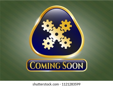  Shiny emblem with mechanism icon and Coming Soon text inside