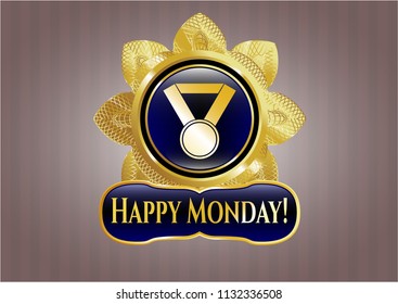  Shiny emblem with medal icon and Happy Monday! text inside