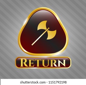  Shiny emblem with medieval axe icon and Return text inside