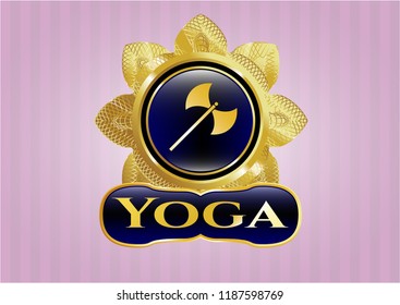  Shiny emblem with medieval axe icon and Yoga text inside