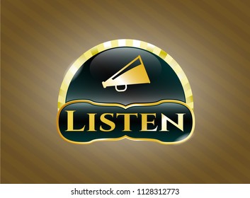  Shiny emblem with megaphone icon and Listen text inside