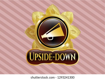  Shiny emblem with megaphone icon and Upside-down text inside