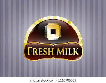   Shiny emblem with microchip, microprocessor icon and Fresh Milk text inside