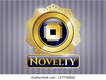  Shiny emblem with microchip, microprocessor icon and Novelty text inside