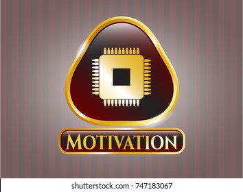  Shiny emblem with microchip, microprocessor icon and Motivation text inside