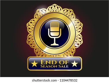  Shiny emblem with microphone icon and End of Season Sale text inside