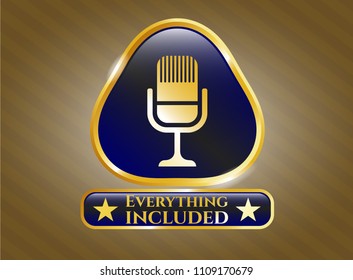   Shiny emblem with microphone icon and Everything included text inside