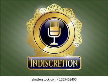  Shiny emblem with microphone icon and Indiscretion text inside