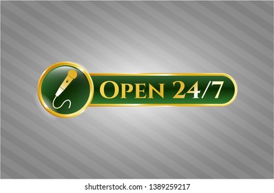  Shiny emblem with microphone icon and Open 24/7 text inside