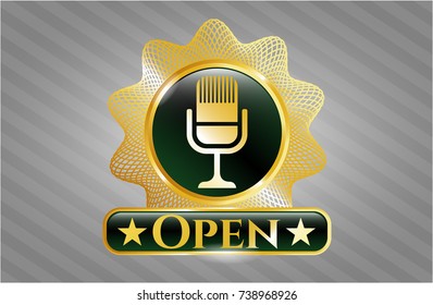  Shiny emblem with microphone icon and Open text inside
