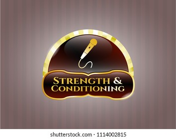   Shiny emblem with microphone icon and Strength and Conditioning text inside