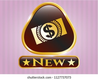  Shiny emblem with money, dollar bill icon and New text inside