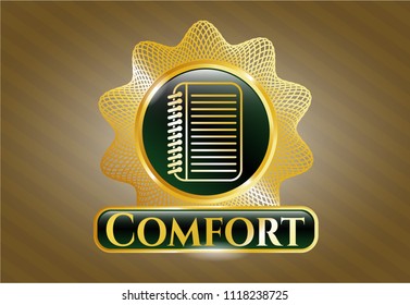  Shiny emblem with note book icon and Comfort text inside