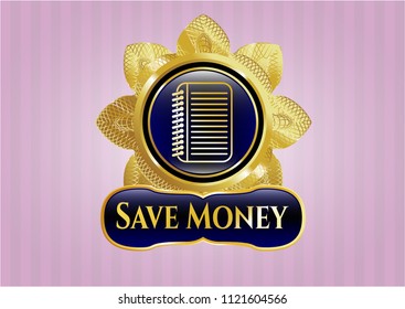  Shiny emblem with note book icon and Save Money text inside