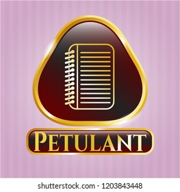  Shiny emblem with note book icon and Petulant text inside