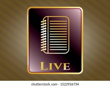  Shiny emblem with note book icon and Live text inside