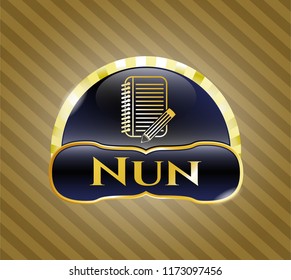  Shiny emblem with notebook with pencil icon and Nun text inside