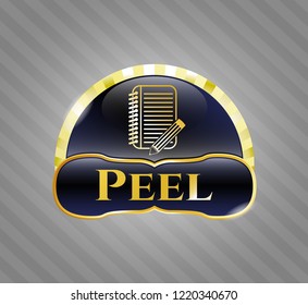  Shiny emblem with notebook with pencil icon and Peel text inside