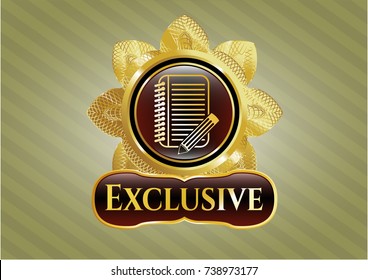  Shiny emblem with notebook with pencil icon and Exclusive text inside
