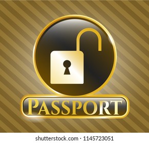  Shiny emblem with open lock icon and Passport text inside