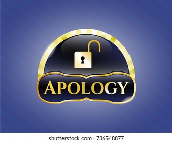  Shiny emblem with open lock icon and Apology text inside