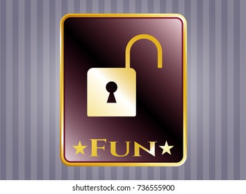  Shiny emblem with open lock icon and Fun text inside