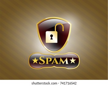  Shiny emblem with open lock icon and Spam text inside