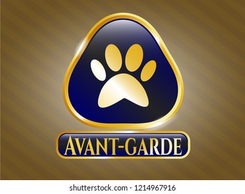  Shiny emblem with paw icon and Avant-garde text inside