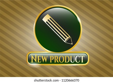  Shiny emblem with pencil icon and New Product text inside