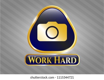  Shiny emblem with photo camera icon and Work Hard text inside
