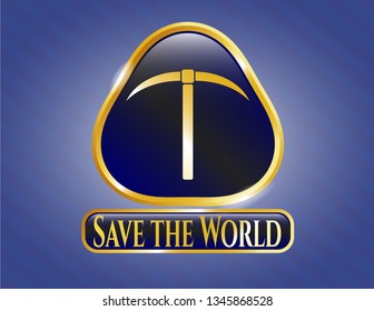  Shiny emblem with pickaxe icon and Save the World text inside