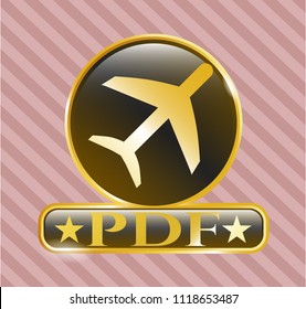  Shiny emblem with plane icon and PDF text inside