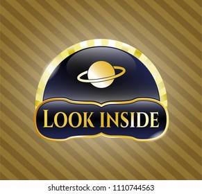  Shiny emblem with planet, saturn icon and Look inside text inside