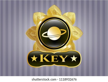  Shiny emblem with planet, saturn icon and Key text inside