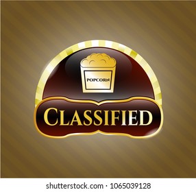   Shiny emblem with popcorn icon and Classified text inside