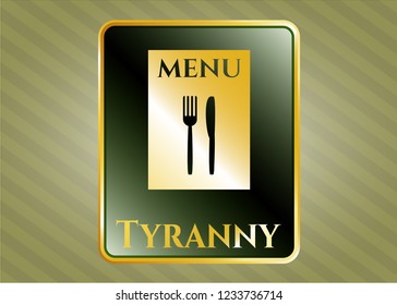  Shiny emblem with restaurant menu icon and Tyranny text inside