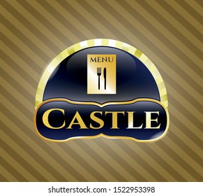  Shiny emblem with restaurant menu icon and Castle text inside