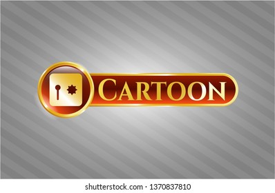  Shiny emblem with safe, safety deposit box icon and Cartoon text inside
