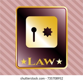  Shiny emblem with safe, safety deposit box icon and Law text inside